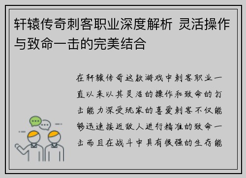 轩辕传奇刺客职业深度解析 灵活操作与致命一击的完美结合